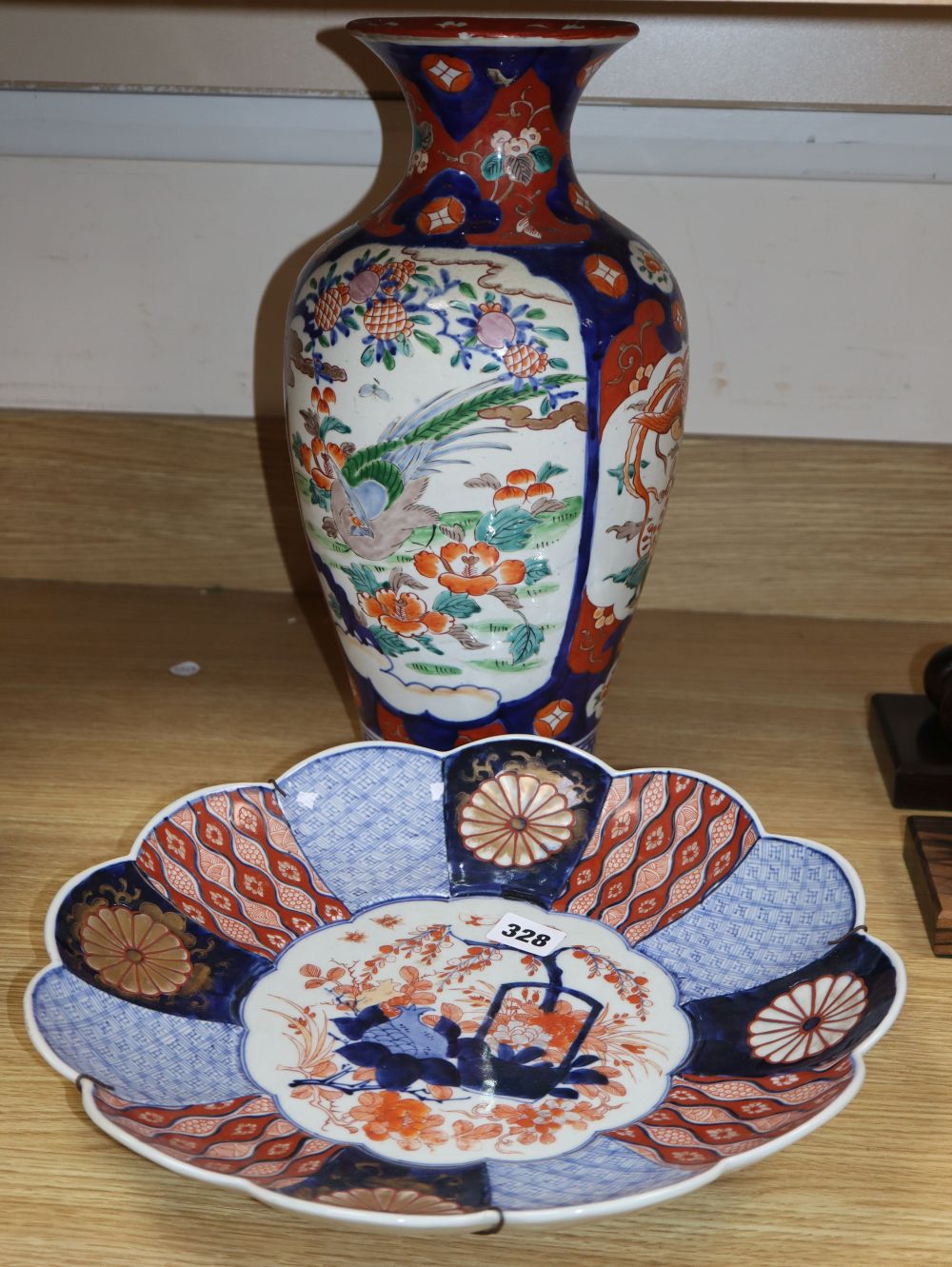 An Imari vase, height 41cm and a dish
